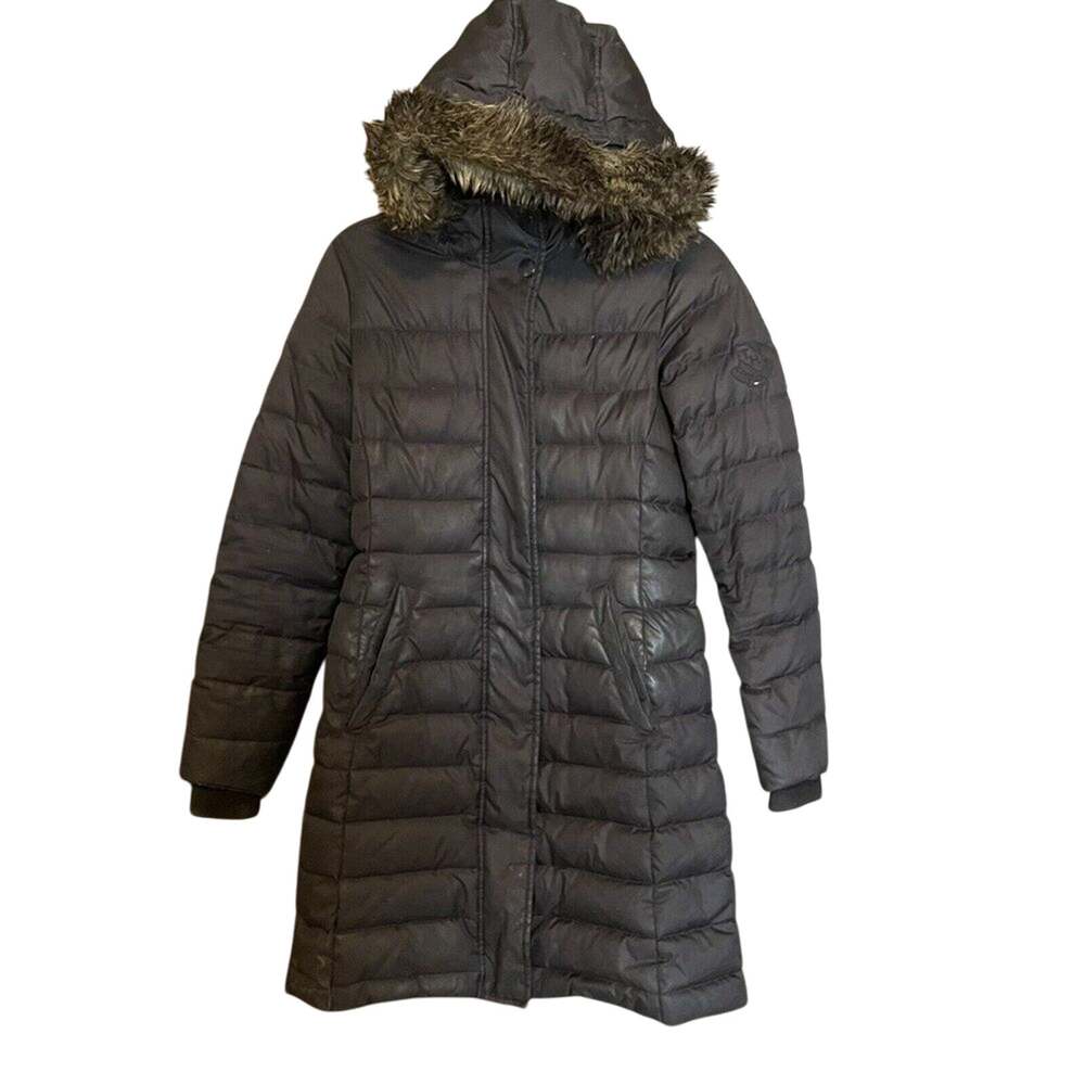 Tommy Hilfiger Puffer Coat Black Goose Down Fur Hood Full Length XS Womens